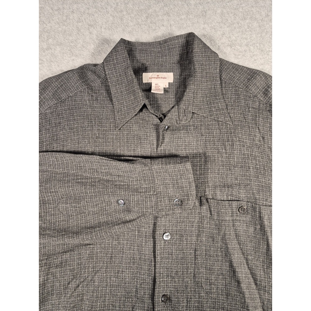 Zegna Mens Large Gray Plaid Rayon Viscose Shirt Long Sleeve Button Up